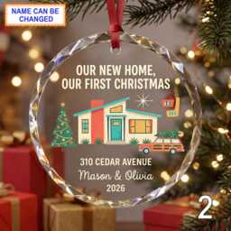 Our New Home First Christmas Glass Ornament, Personalized House Keepsake, Custom Family Address Gift With Tree & Red Truck - thumbnail 2