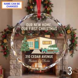 Our New Home First Christmas Glass Ornament, Personalized House Keepsake, Custom Family Address Gift With Tree & Red Truck - thumbnail 3