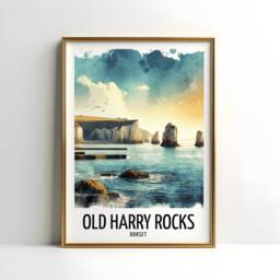 Old Harry Rocks Print - Watercolour Poster Design - Wall Artwork Dorset Travel UK Gifts Home Decor Art Gift Painting Picture - thumbnail 1