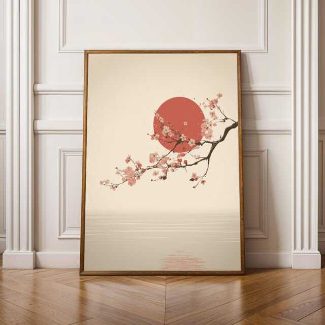 Cherry Blossoms Zen, Art Print, Red & Pink Decor, Living Room Wall Art, Wabi Sabi Okinawa Poster, Gift For Coworker - image 1