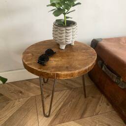 Foret Small Rustic Circle Solid Wood Chunky Scaffold Hairpin Metal Leg Coffee Side Desk Table Handcrafted With - thumbnail 3