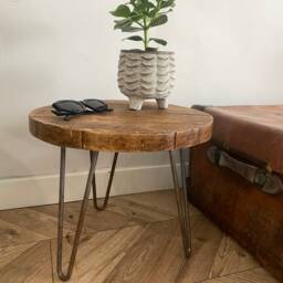 Foret Small Rustic Circle Solid Wood Chunky Scaffold Hairpin Metal Leg Coffee Side Desk Table Handcrafted With - thumbnail 2