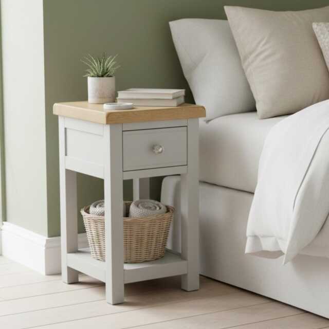 Painted Bedside Cabinet Solid Wood Side Table With Oak Top, Assembled - image 1