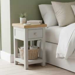 Painted Bedside Cabinet Solid Wood Side Table With Oak Top, Assembled - thumbnail 1