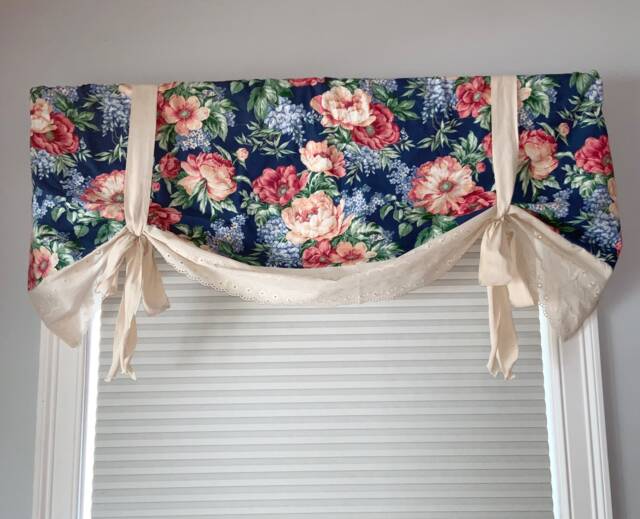 Floral Kitchen Curtain Valance, Navy Farmhouse Window Treatment, Custom Size - image 1