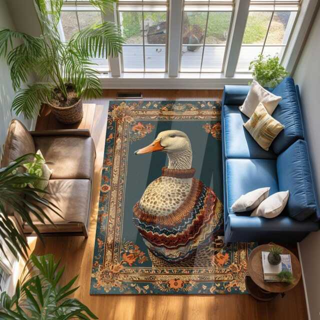 Duck in Sweater Rug Whimsical Chenille Carpet With Vintage Floral Frame - image 1