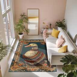 Duck in Sweater Rug Whimsical Chenille Carpet With Vintage Floral Frame - thumbnail 3