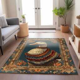 Duck in Sweater Rug Whimsical Chenille Carpet With Vintage Floral Frame - thumbnail 2