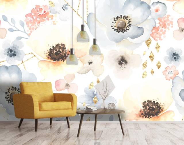 Golden Floral 3D Wallpaper, Watercolor Wall Mural, Peel & Stick - image 1