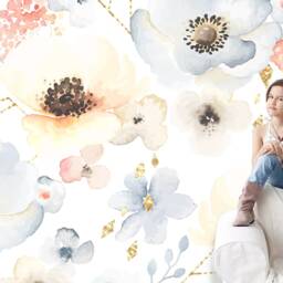 Golden Floral 3D Wallpaper, Watercolor Wall Mural, Peel & Stick - thumbnail 2