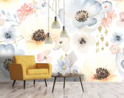 Golden Floral 3D Wallpaper, Watercolor Wall Mural, Peel & Stick - thumbnail 1