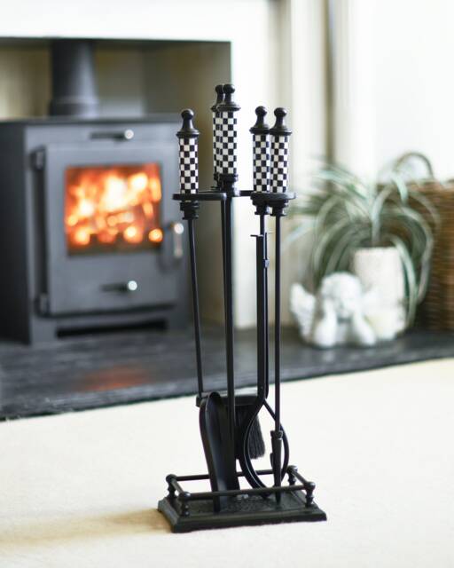 Checkered White & Black Fireside Set, Companion Set Winter Cozy, Handy Tools Robust, Fireplace, Ash Pan, Tongs, Poker, Chess Style - image 1