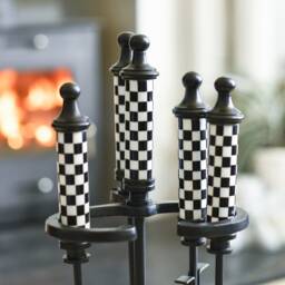 Checkered White & Black Fireside Set, Companion Set Winter Cozy, Handy Tools Robust, Fireplace, Ash Pan, Tongs, Poker, Chess Style - thumbnail 2