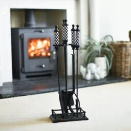 Checkered White & Black Fireside Set, Companion Set Winter Cozy, Handy Tools Robust, Fireplace, Ash Pan, Tongs, Poker, Chess Style - thumbnail 3