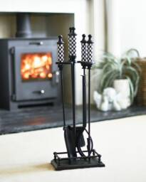 Checkered White & Black Fireside Set, Companion Set Winter Cozy, Handy Tools Robust, Fireplace, Ash Pan, Tongs, Poker, Chess Style - thumbnail 1