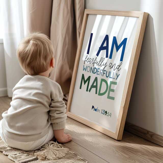 I Am Fearfully & Wonderfully Made Print, Boys Christian Wall Art, Bible Verse Nursery Toddler Room Art - image 1