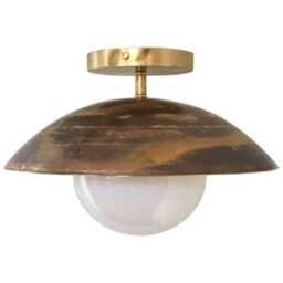 Mid Century Brass Dome Ceiling Light - 1950S Retro Semi Flush Mount Fixture Frosted Glass Globe For Hallway Or Bedroom - thumbnail 1