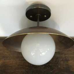 Mid Century Brass Dome Ceiling Light - 1950S Retro Semi Flush Mount Fixture Frosted Glass Globe For Hallway Or Bedroom - thumbnail 3