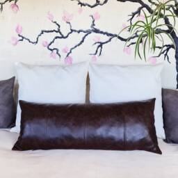 Dark Brown Faux Leather Lumbar Pillow Cover 4-Piece Design - thumbnail 2