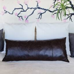 Dark Brown Faux Leather Lumbar Pillow Cover 4-Piece Design - thumbnail 3