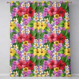 Hibiscus Flowers Plumeria Leaves Exotic Floral Lavender Seamless Pattern Readymade Eyelet Ring Top Thermal 100% Blackout Curtains - thumbnail 2