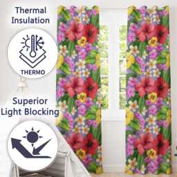 Hibiscus Flowers Plumeria Leaves Exotic Floral Lavender Seamless Pattern Readymade Eyelet Ring Top Thermal 100% Blackout Curtains - thumbnail 3