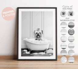 Black & White Yorkshire Terrier Dog in A Bath Print, Choose From 3 Poses, Bathing, Animal Bathtub, Wall Art - thumbnail 1