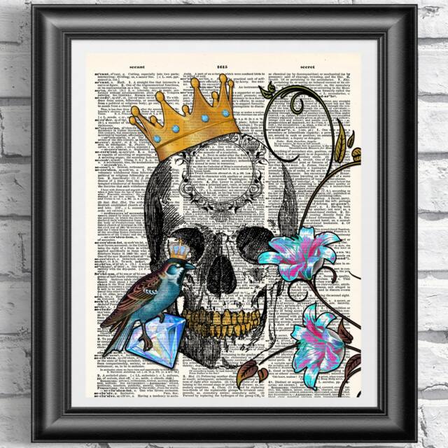 Gothic Print, Dictionary Book Page Art, Skull Wall Decor Blue Bird & King - image 1