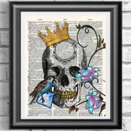 Gothic Print, Dictionary Book Page Art, Skull Wall Decor Blue Bird & King - thumbnail 1