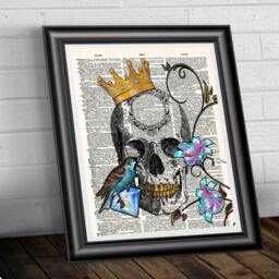 Gothic Print, Dictionary Book Page Art, Skull Wall Decor Blue Bird & King - thumbnail 3