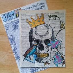 Gothic Print, Dictionary Book Page Art, Skull Wall Decor Blue Bird & King - thumbnail 2