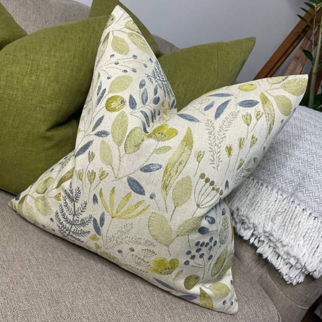 Meadow Floral Cushion Cover Voyage Maison Fabric Green Blue Leaf Design Beige Background Handmade in UK - image 1