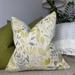 Meadow Floral Cushion Cover Voyage Maison Fabric Green Blue Leaf Design Beige Background Handmade in UK - thumbnail 3