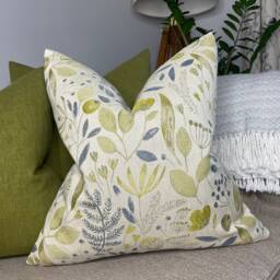 Meadow Floral Cushion Cover Voyage Maison Fabric Green Blue Leaf Design Beige Background Handmade in UK - thumbnail 2