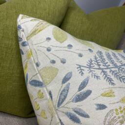 Meadow Floral Cushion Cover Voyage Maison Fabric Green Blue Leaf Design Beige Background Handmade in UK - thumbnail 4