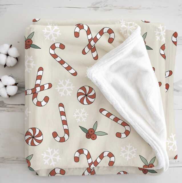 Candy Cane - Beige, Sherpa Fleece Blanket, Decor, Kids Bedding, Blankets, Children's Room, Christmas Festive Blanket - image 1