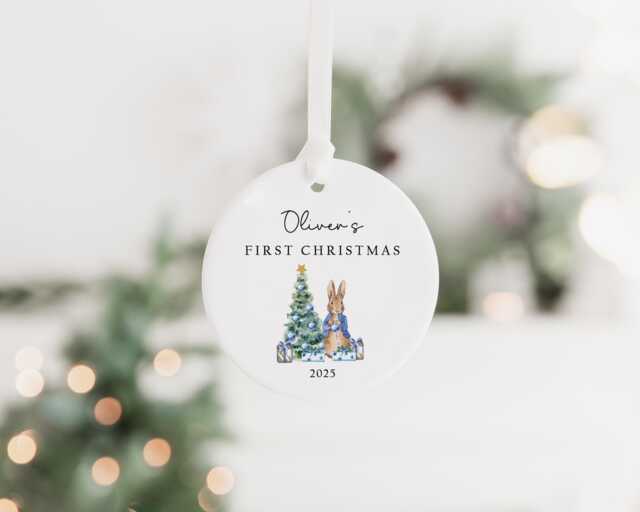 Personalised Baby's First Christmas Decoration - Keepsake Bauble Gift Ceramic Ornament 1st Rabbit - image 1