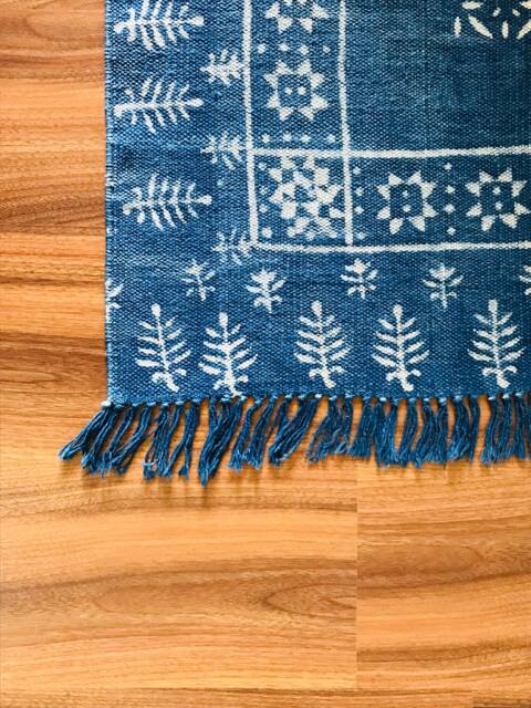 Handmade Cotton Indigo Dhurrie Rug, Block Print Small Rug - 2x3 - image 1