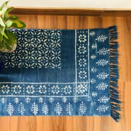 Handmade Cotton Indigo Dhurrie Rug, Block Print Small Rug - 2x3 - thumbnail 2