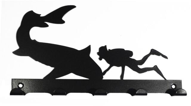 Scuba Diver With Shark Silhouette Key Hook Rack - Metal Wall Art