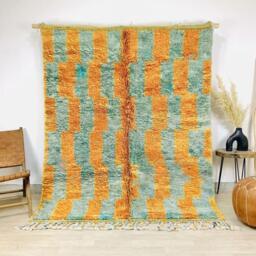 Moroccan Orange & Gray Berber Rug, Handwoven Wool Shag Rug With Geometric Stripes, Authentic Beni Ourain Style Carpet, Large 9x12 Area