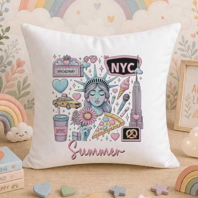 Personalised Nyc Cushion Cover, Pink Travel Collage Custom Name