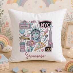 Personalised Nyc Cushion Cover, Pink Travel Collage Custom Name