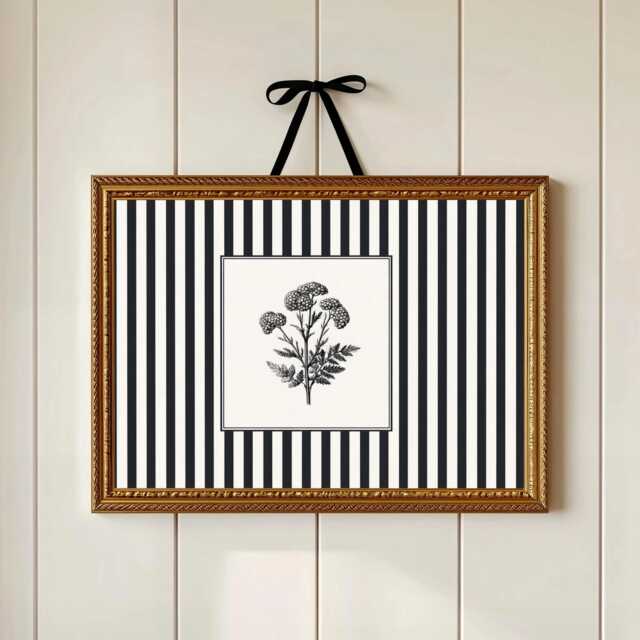 Black & White Botanical Art Print - Striped Wall Elegant French Floral For Hallway Or Bedroom - image 1