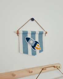 striped Rocket Space Ship Wool Felt Fabric Wall Hanging Sign Kid's Room Decor Personalised Custom Handmade Banner Decoration - thumbnail 1