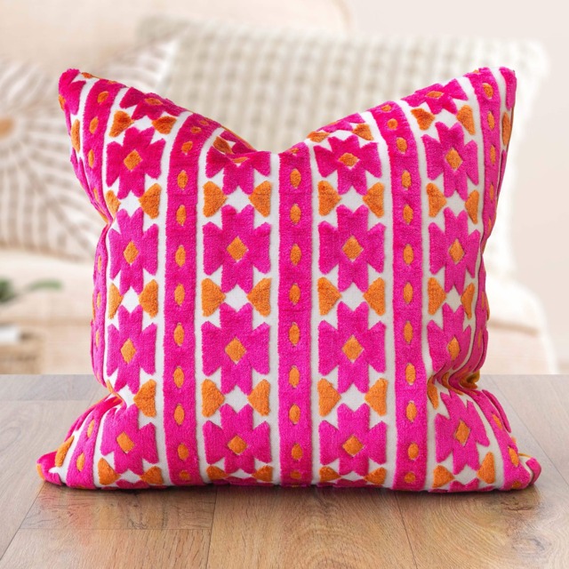 Kasmere Geometric Cut Velvet Cushion. Bright Pink & Burnt Orange Triangular Pattern. 17x17 - image 1