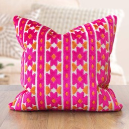 Kasmere Geometric Cut Velvet Cushion. Bright Pink & Burnt Orange Triangular Pattern. 17x17 - thumbnail 1
