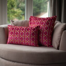 Kasmere Geometric Cut Velvet Cushion. Bright Pink & Burnt Orange Triangular Pattern. 17x17 - thumbnail 3