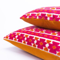 Kasmere Geometric Cut Velvet Cushion. Bright Pink & Burnt Orange Triangular Pattern. 17x17 - thumbnail 2