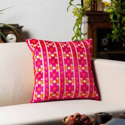 Kasmere Geometric Cut Velvet Cushion. Bright Pink & Burnt Orange Triangular Pattern. 17x17 - thumbnail 4